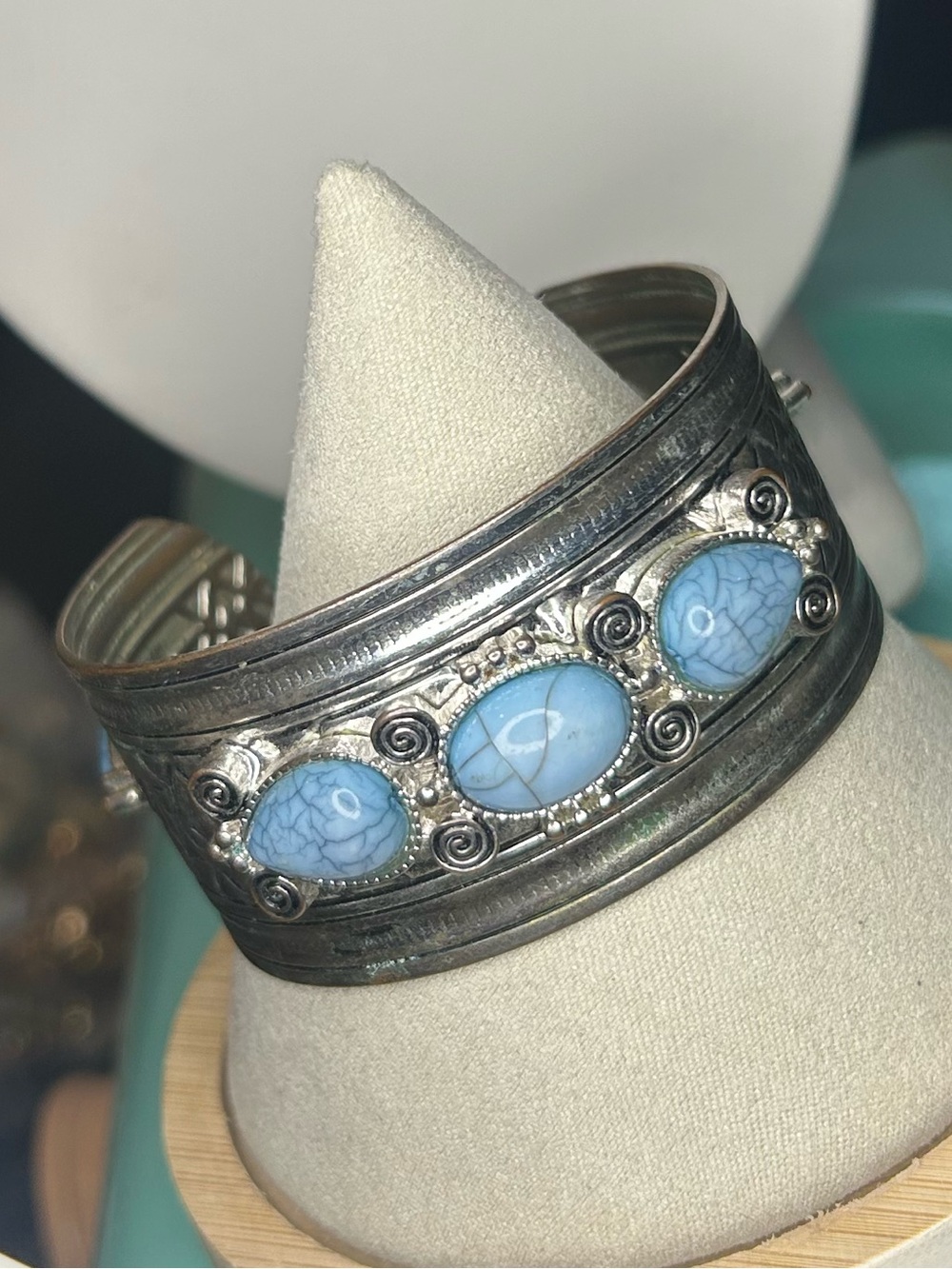 Vintage Boho Silver Tone Turquoise Style Stone Wide Cuff Bracelet